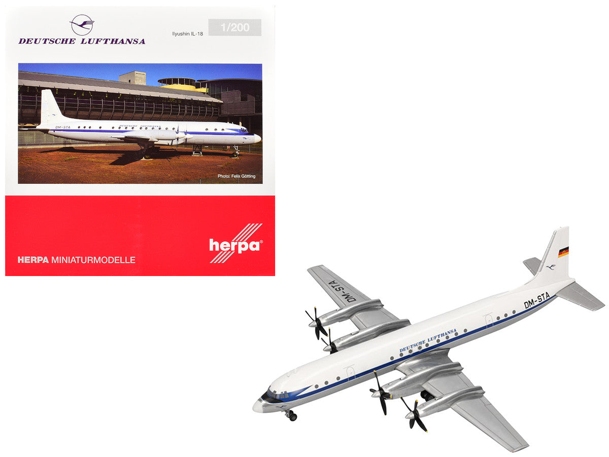 Ilyushin IL-18 Commercial Aircraft "Deutsche Lufthansa" (DM-STA) White with Blue Stripes 1/200 Diecast Model by Herpa Herpa