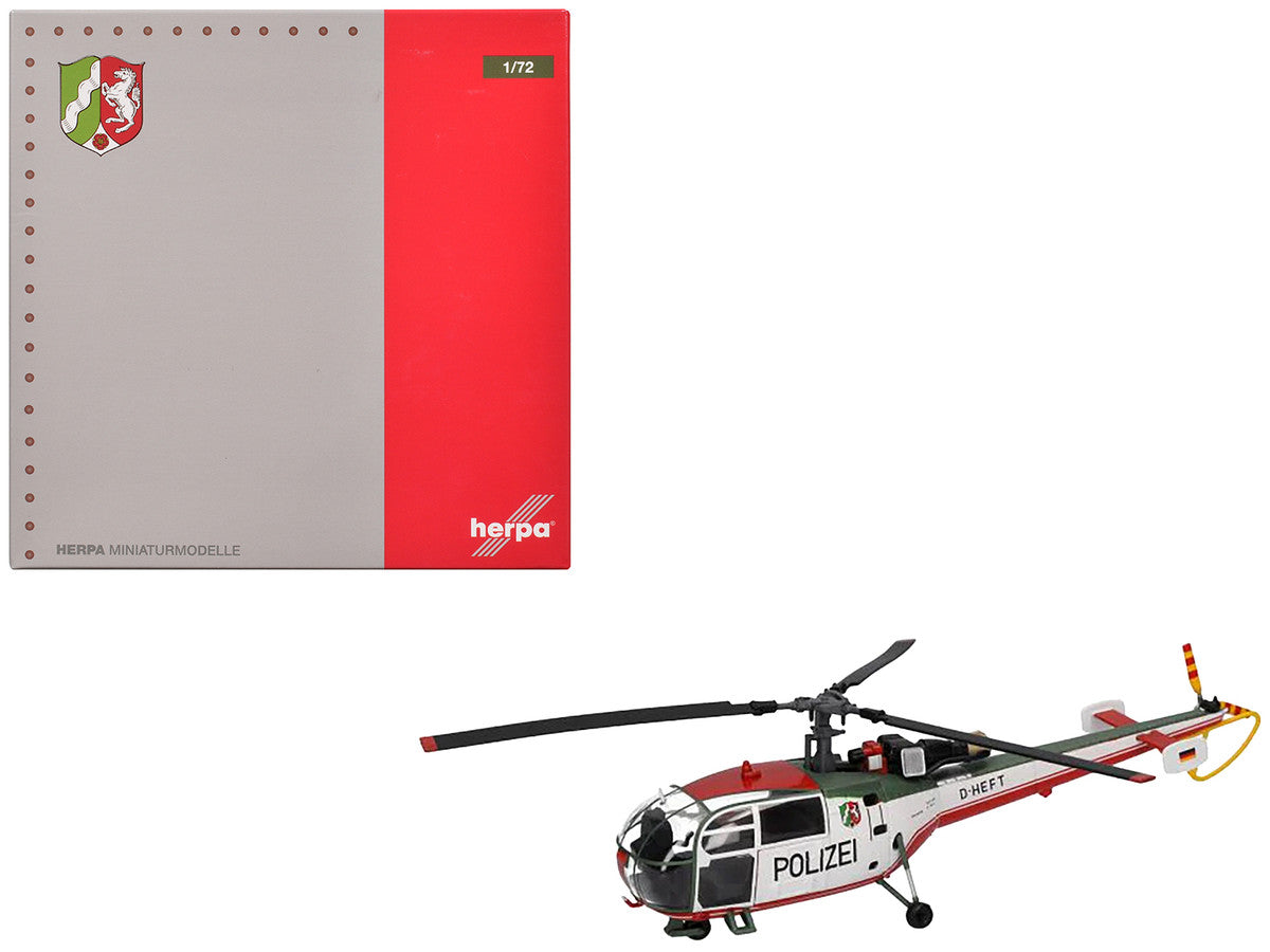 Aerospatiale Alouette III Helicopter "Polizeifliegerstaffel Nordrhein-Westfalen (Police Aviation Squadron North Rhine-Westphalia)" (D-HEFT) White with Red and Green Stripes 1/72 Diecast Model by Herpa-0