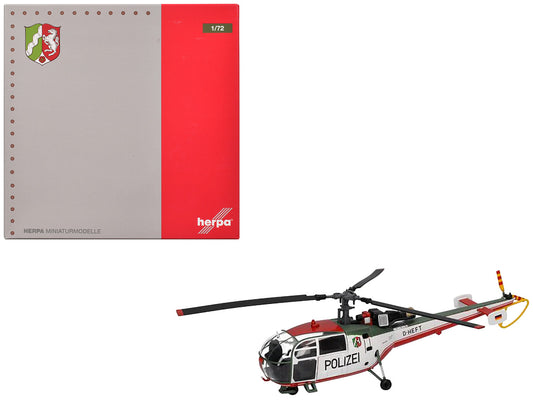 Aerospatiale Alouette III Helicopter "Polizeifliegerstaffel Nordrhein-Westfalen (Police Aviation Squadron North Rhine-Westphalia)" (D-HEFT) White with Red and Green Stripes 1/72 Diecast Model by Herpa-0