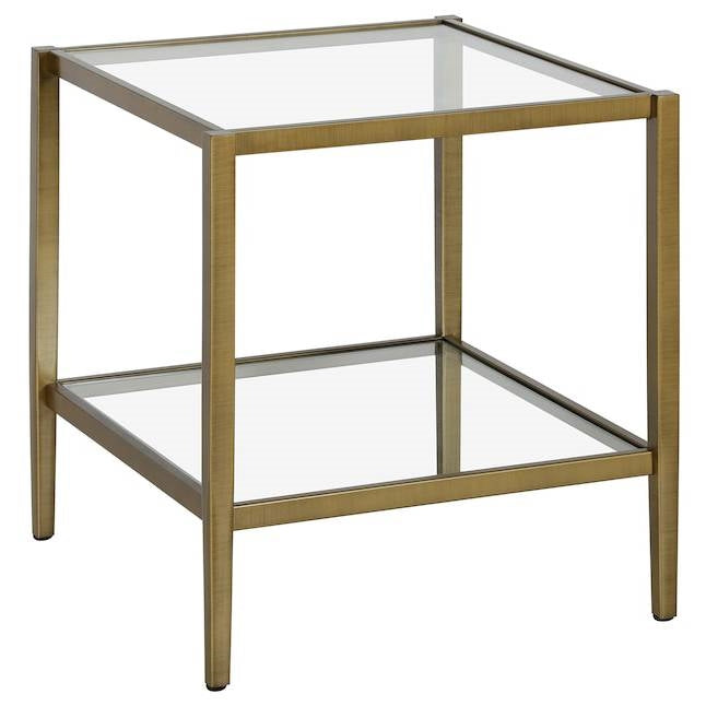 Square Side Table Gold Antique Brass Metal Glass Top Bottom Shelf Sofa Table-0