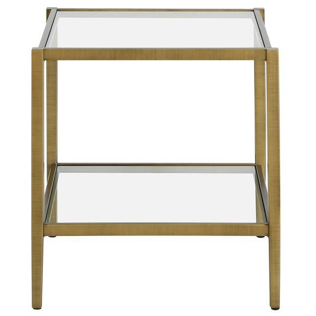 Square Side Table Gold Antique Brass Metal Glass Top Bottom Shelf Sofa Table-1