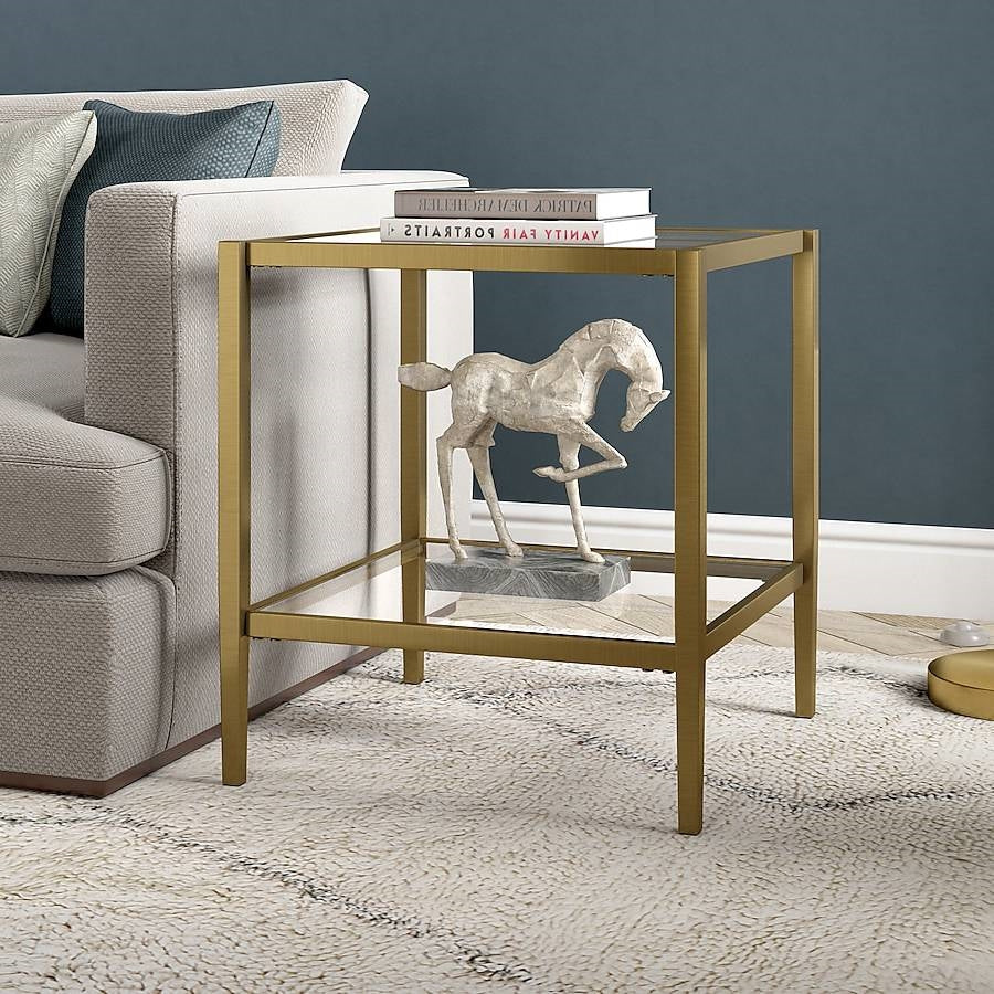 Square Side Table Gold Antique Brass Metal Glass Top Bottom Shelf Sofa Table-2