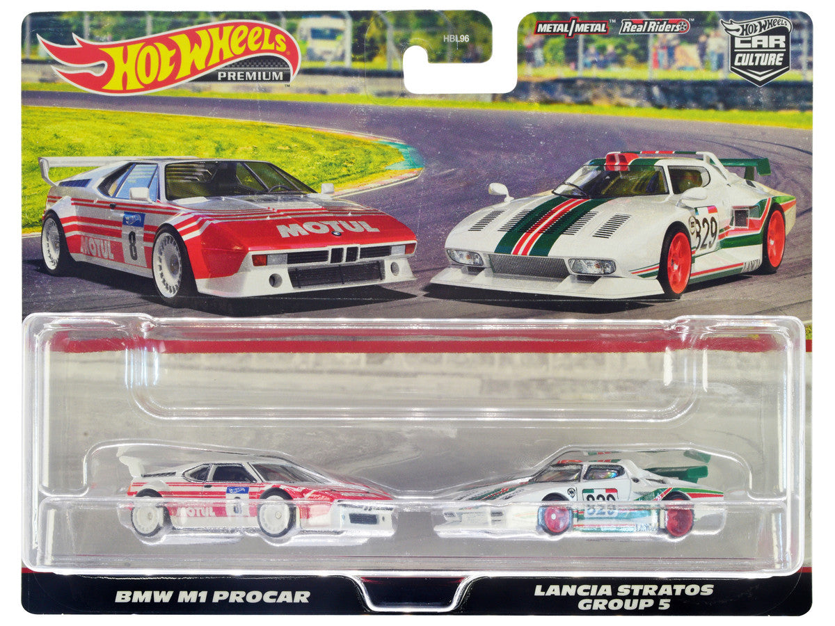 BMW M1 Procar #8 White with Red Stripes and Lancia Stratos Group 5 #829 White with Stripes "Car Culture" Set of 2 Cars Diecast Model Cars by Hot Wheels-0