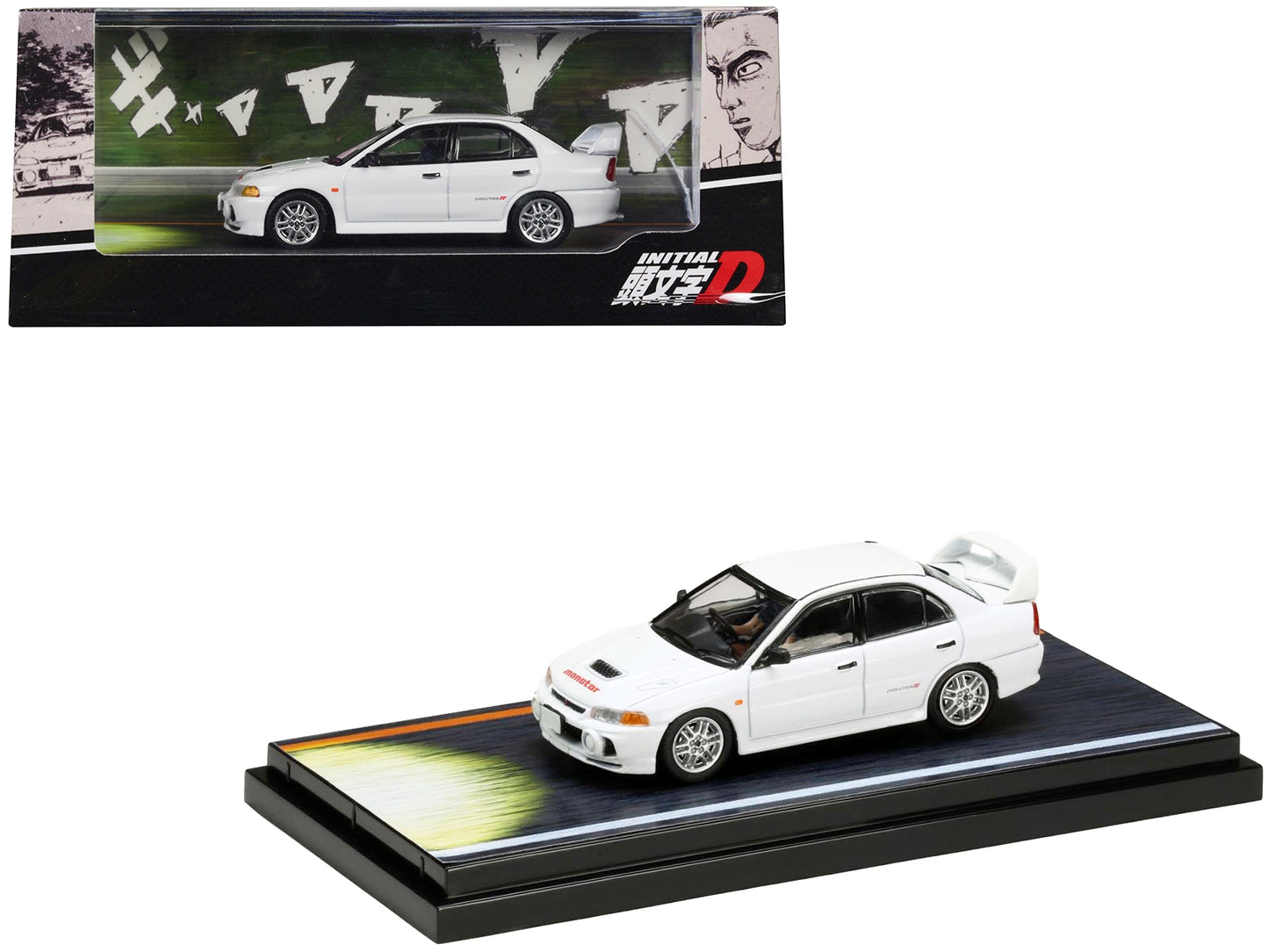 Mitsubishi Lancer RS Evolution IV RHD (Right Hand Drive) White "Monstar" with Seiji Iwaki Driver Figure "Initial D" (1995-2013) Manga 1/64 Diecast Model Car by Hobby Japan