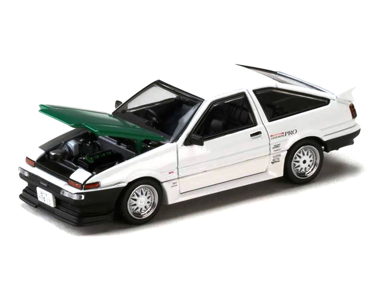 Toyota Sprinter Trueno (AE86) RHD (Right Hand Drive) "Keiichi Tsuchiya - Dori Dori Mesh Wheels" White with Green Carbon Hood 1/64 Diecast Model Car by Hobby Japan Hobby Japan