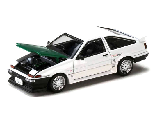 Toyota Sprinter Trueno (AE86) RHD (Right Hand Drive) "Keiichi Tsuchiya - Dori Dori Mesh Wheels" White with Green Carbon Hood 1/64 Diecast Model Car by Hobby Japan Hobby Japan