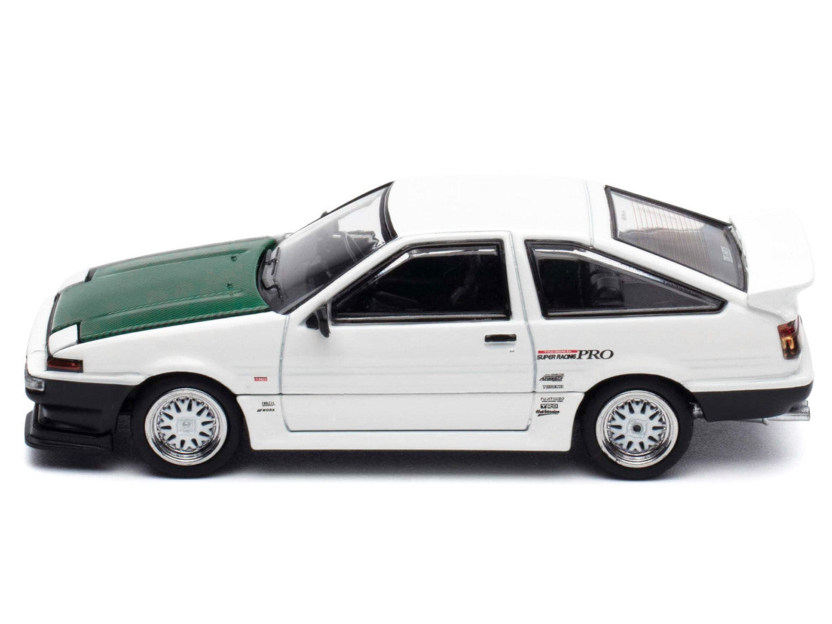 Toyota Sprinter Trueno (AE86) RHD (Right Hand Drive) "Keiichi Tsuchiya - Dori Dori Mesh Wheels" White with Green Carbon Hood 1/64 Diecast Model Car by Hobby Japan Hobby Japan