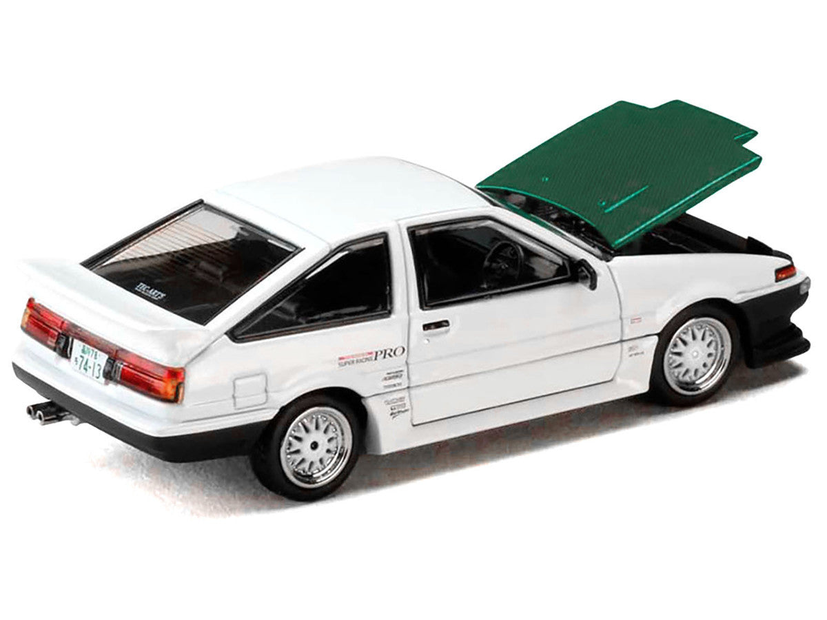 Toyota Sprinter Trueno (AE86) RHD (Right Hand Drive) "Keiichi Tsuchiya - Dori Dori Mesh Wheels" White with Green Carbon Hood 1/64 Diecast Model Car by Hobby Japan Hobby Japan