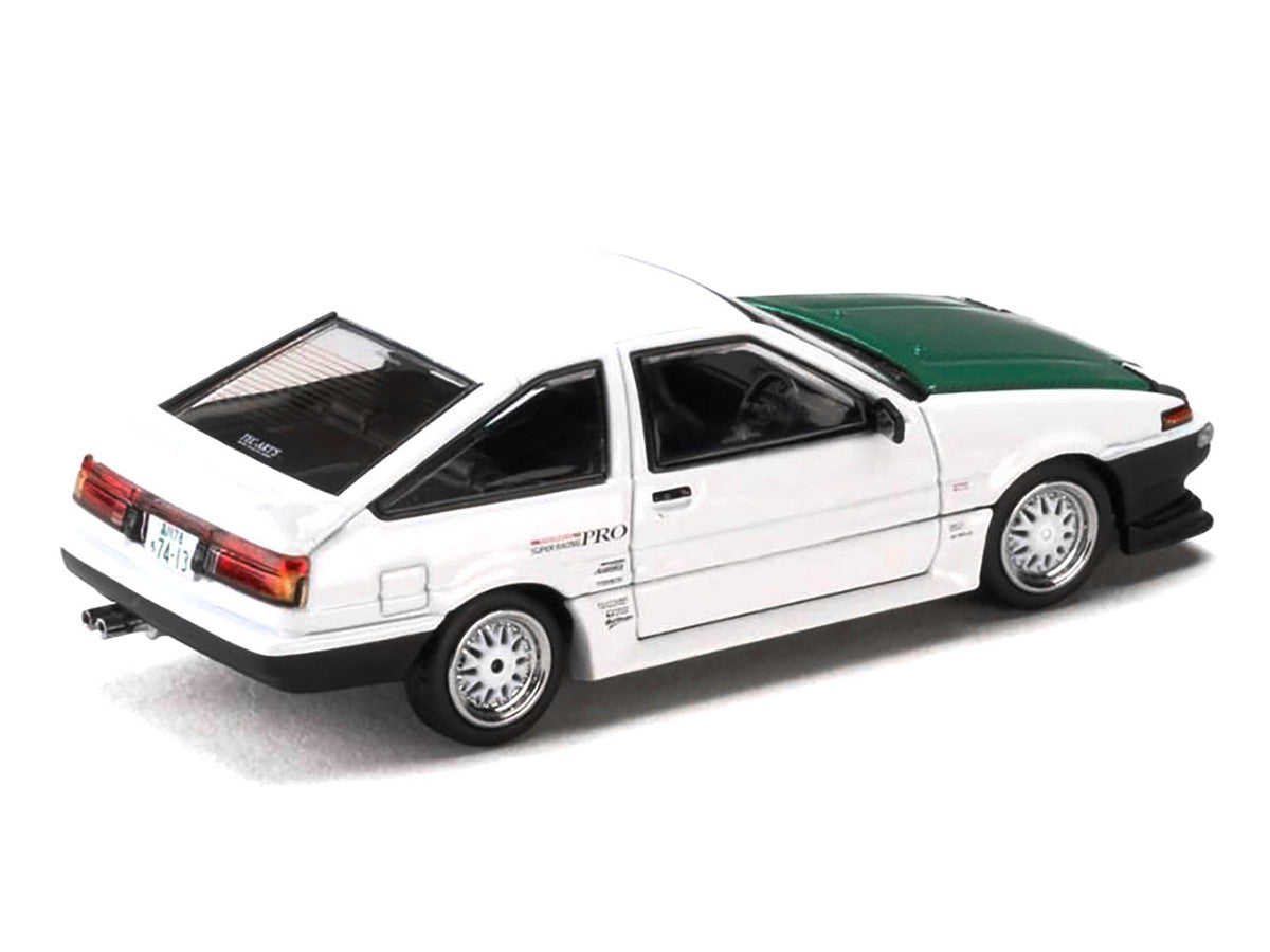 Toyota Sprinter Trueno (AE86) RHD (Right Hand Drive) "Keiichi Tsuchiya - Dori Dori Mesh Wheels" White with Green Carbon Hood 1/64 Diecast Model Car by Hobby Japan Hobby Japan