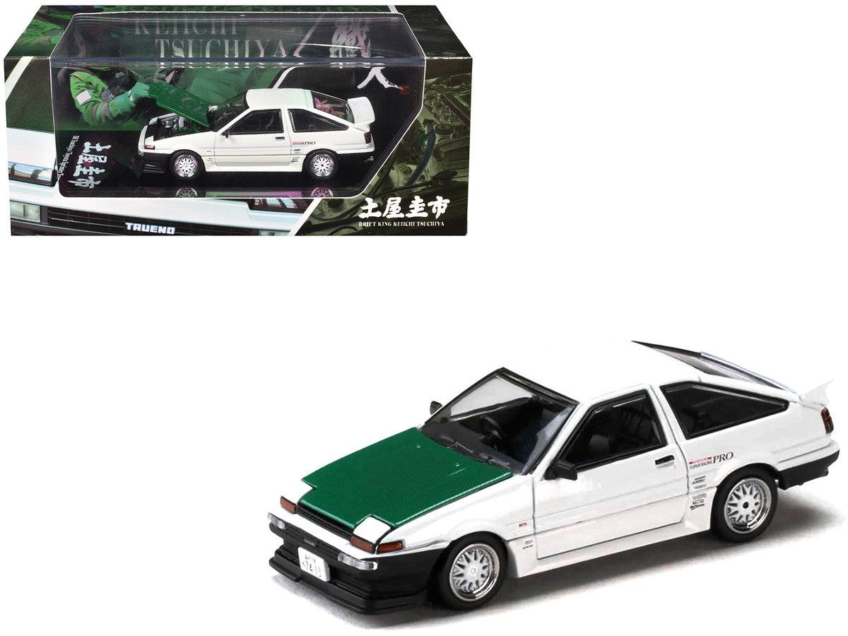Toyota Sprinter Trueno (AE86) RHD (Right Hand Drive) "Keiichi Tsuchiya - Dori Dori Mesh Wheels" White with Green Carbon Hood 1/64 Diecast Model Car by Hobby Japan Hobby Japan