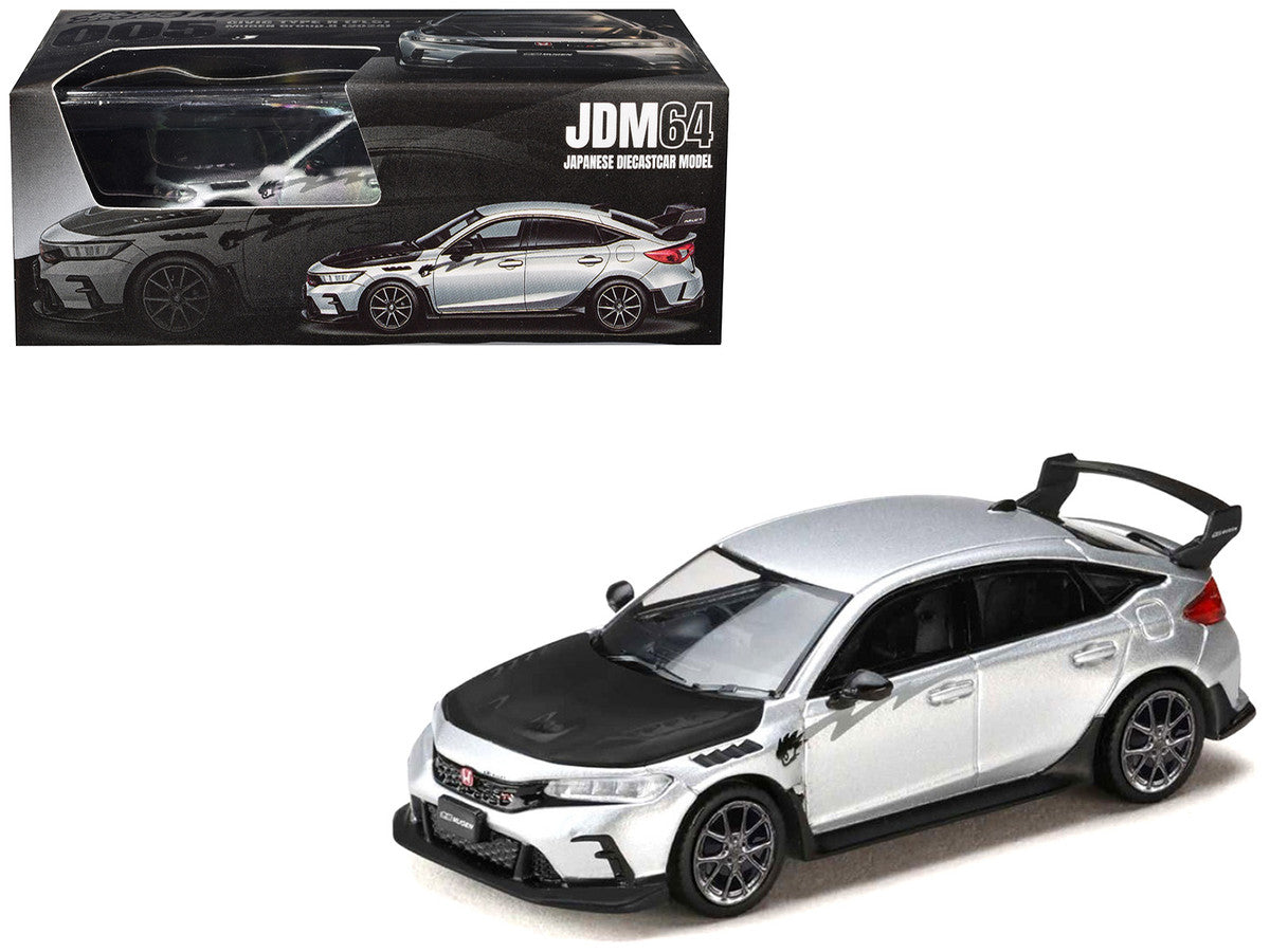 Honda Civic Type R (FL5) RHD (Right Hand Drive) Matt Silver Metallic with Carbon Hood "MUGEN Group B" (2025) "JDM64" Series 1/64 Diecast Model Car by Hobby Japan Hobby Japan