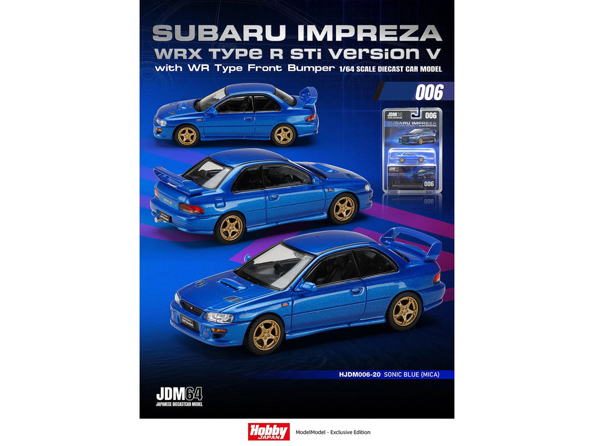 Subaru Impreza WRX Type R Sti Version V RHD (Right Hand Drive) Sonic Blue Mica "JDM64" Series 1/64 Diecast Model Car by Hobby Japan Hobby Japan