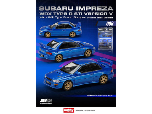 Subaru Impreza WRX Type R Sti Version V RHD (Right Hand Drive) Sonic Blue Mica "JDM64" Series 1/64 Diecast Model Car by Hobby Japan Hobby Japan