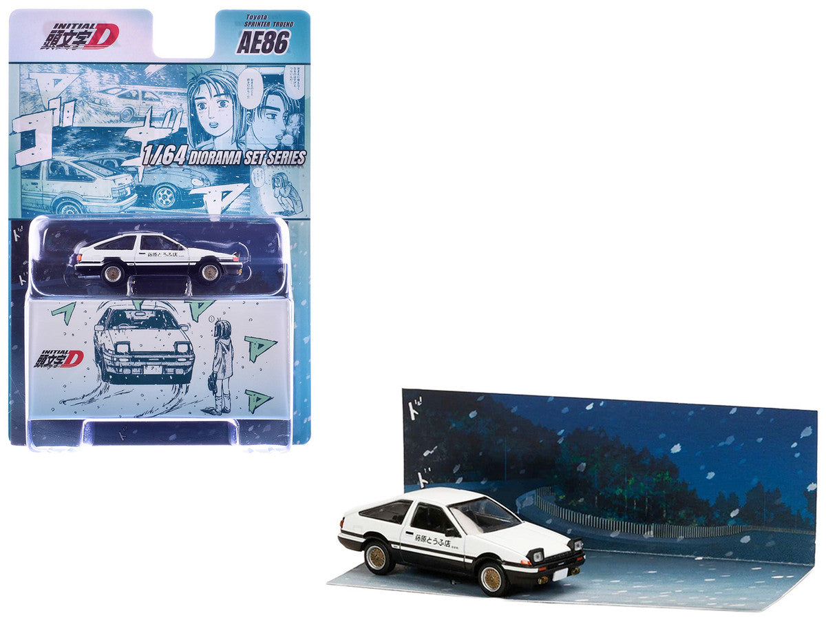 Toyota Sprinter Trueno (AE86) RHD (Right Hand Drive) White with Black Stripes "Takumi Fujiwara & Natsuki Mogi - Initial D" (1995-2013) Manga "Diorama Set Series" 1/64 Diecast Model Car by Hobby Japan Hobby Japan
