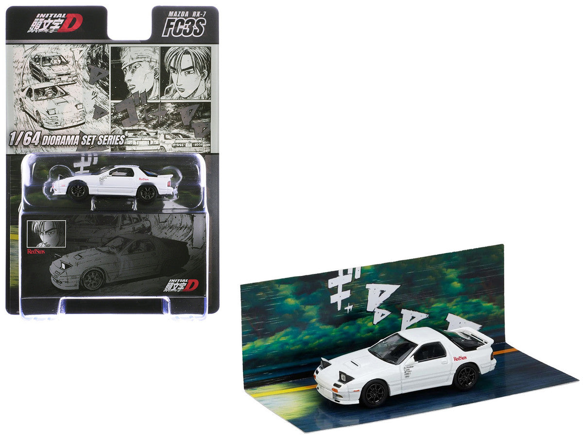 Mazda RX-7 (FC3S) RHD (Right Hand Drive) "RedSuns" White "Ryosuke Takahashi VS Kyoichi Sudou - Initial D" (1995-2013) Manga "Diorama Set Series" 1/64 Diecast Model Car by Hobby Japan Hobby Japan