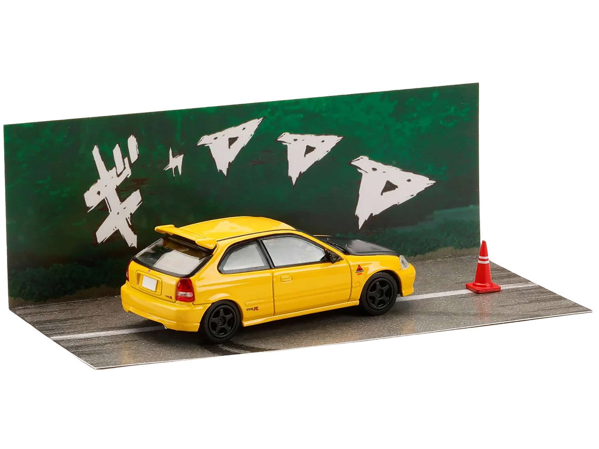 Honda Civic (EK9) RHD (Right Hand Drive) Yellow with Carbon Hood "Initial D" (1995-2013) Manga "Diorama Set Series" 1/64 Diecast Model car by Hobby Japan-3