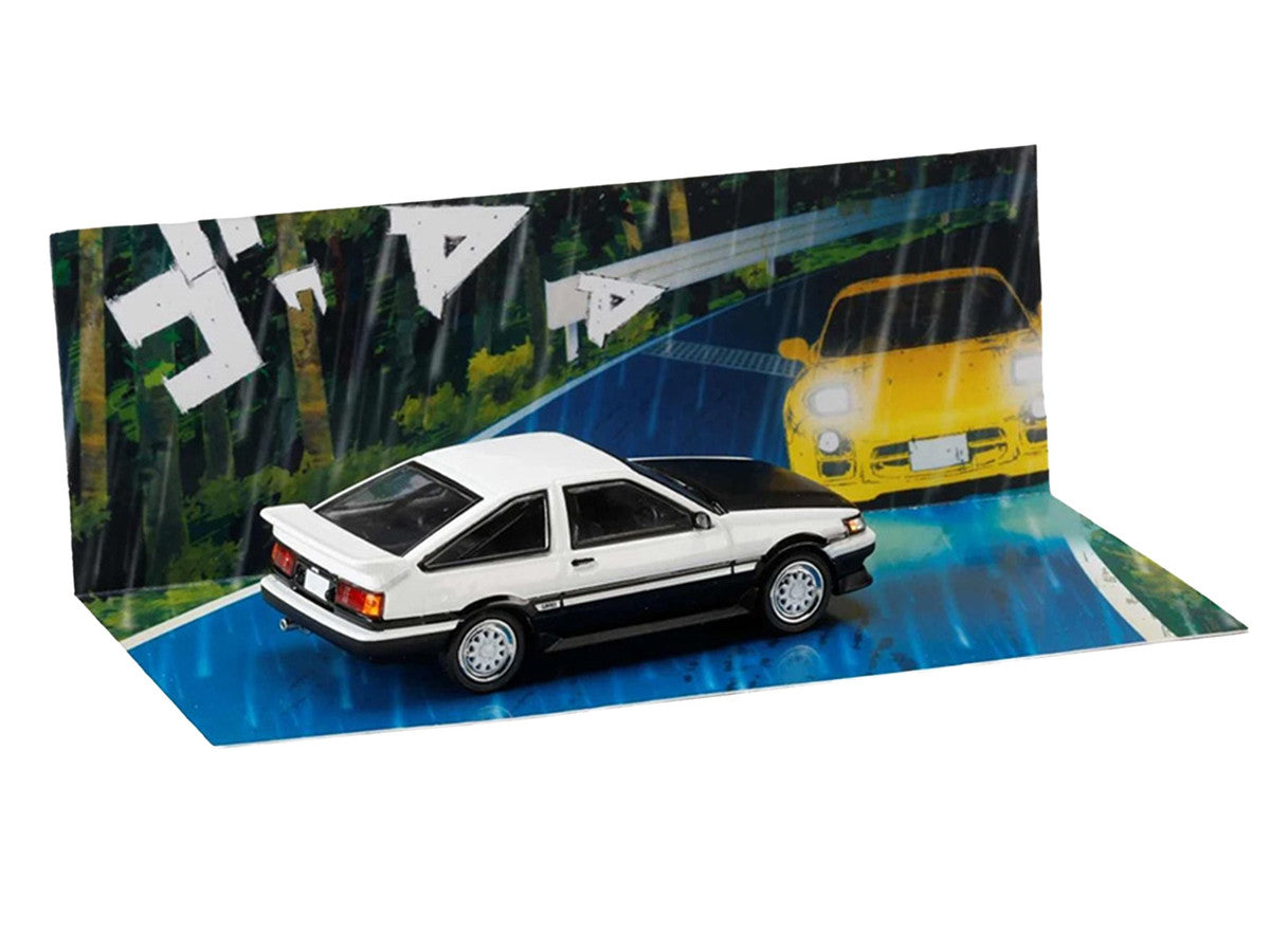 Toyota Corolla Levin (AE86) RHD (Right Hand Drive) White with Carbon Hood "Initial D" (1995-2013) Manga "Diorama Set Series" 1/64 Diecast Model Car by Hobby Japan Hobby Japan
