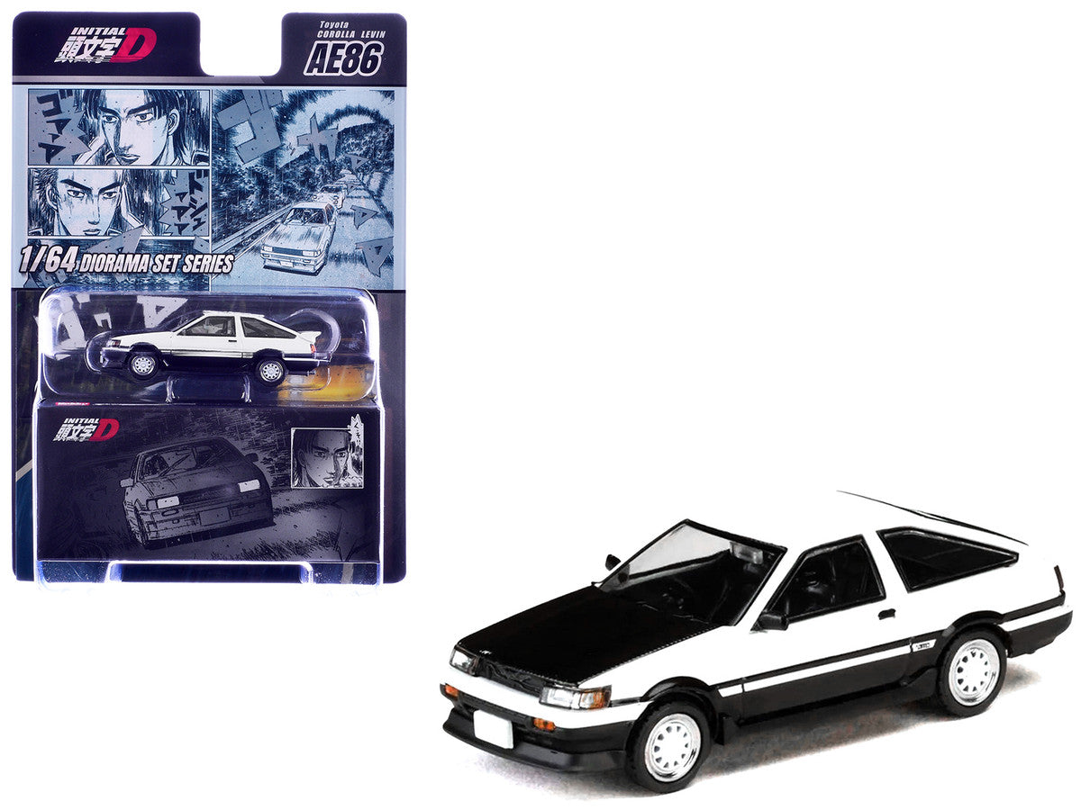 Toyota Corolla Levin (AE86) RHD (Right Hand Drive) White with Carbon Hood "Initial D" (1995-2013) Manga "Diorama Set Series" 1/64 Diecast Model Car by Hobby Japan Hobby Japan