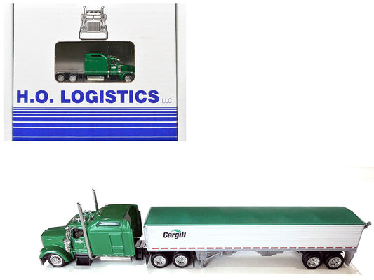 Kenworth W900L Truck Tractor with Sleeper Cab "Cargill" Green and Covered Grain Trailer White with Green Tarp Combo Set 1/87 (HO) Plastic Model Car by HO Logistics HO Logistics Replicas