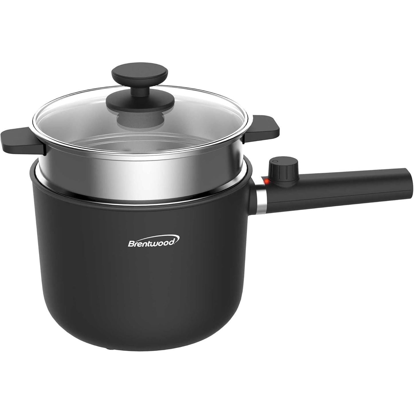 Brentwood 1.5 Liter Multi-Function Electric Hot Pot Cooker in Black with Ceramic Non-Stick Coating and Stainless-Steel Food Steamer W2B