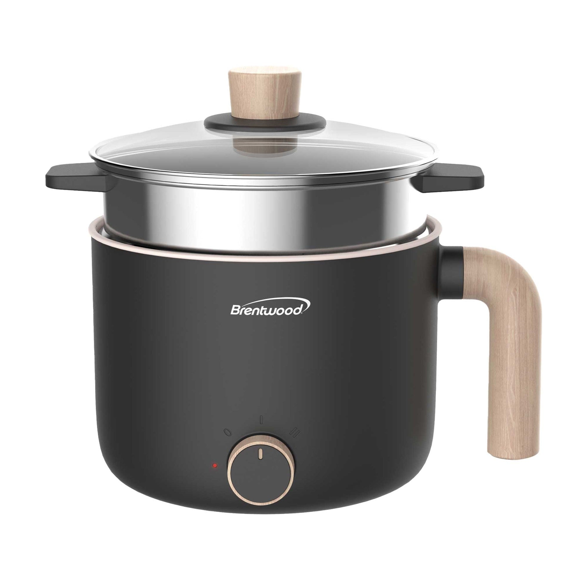 Brentwood 1.5 Liter Multi-Function Electric Hot Pot Cooker in Black with Ceramic Non-Stick Ceramic Coating and Stainless-Steel Food Steamer W2B