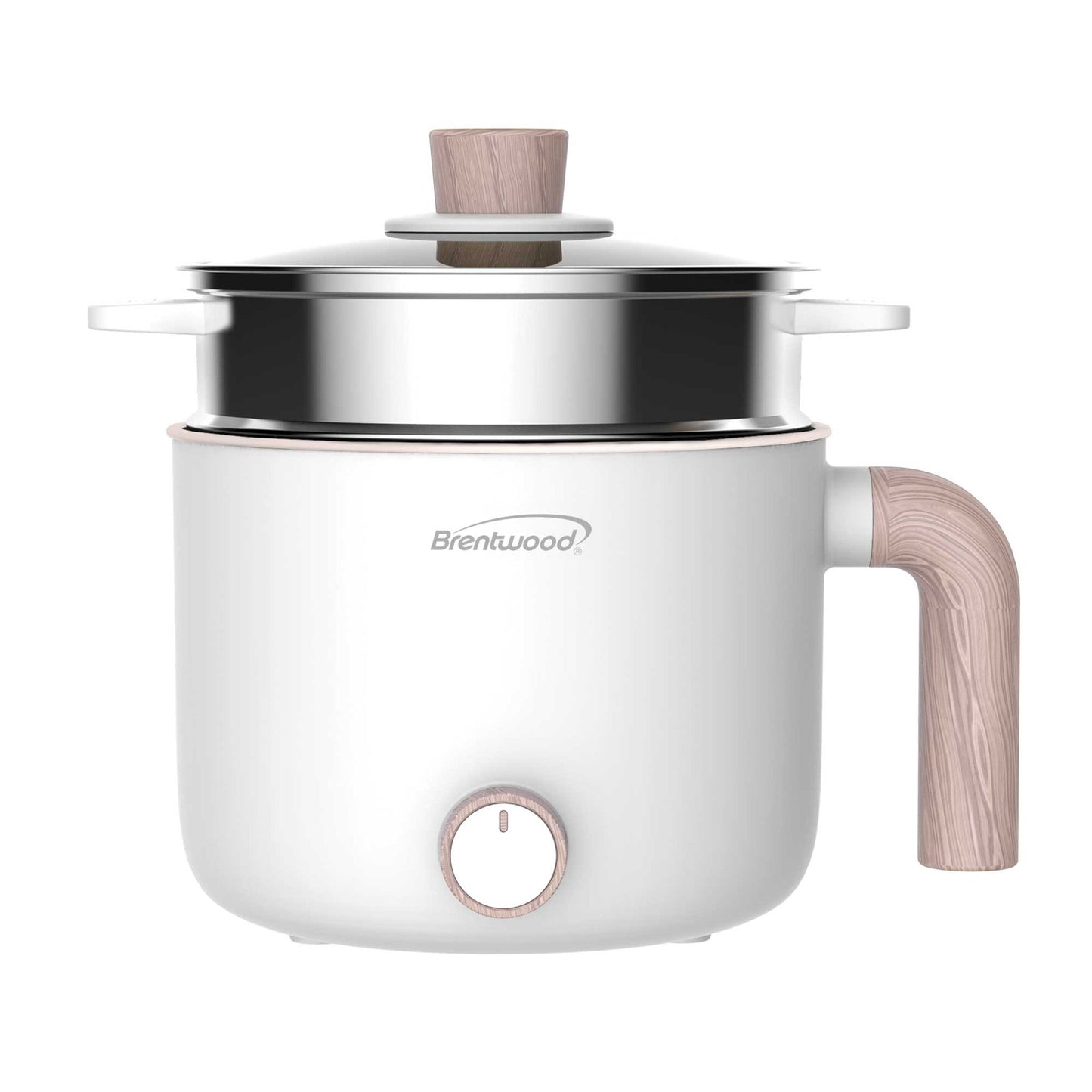Brentwood 1.5 Liter Multi-Function Electric Hot Pot Cooker in White with Ceramic Non-Stick Ceramic Coating and Stainless-Steel Food Steamer W2B