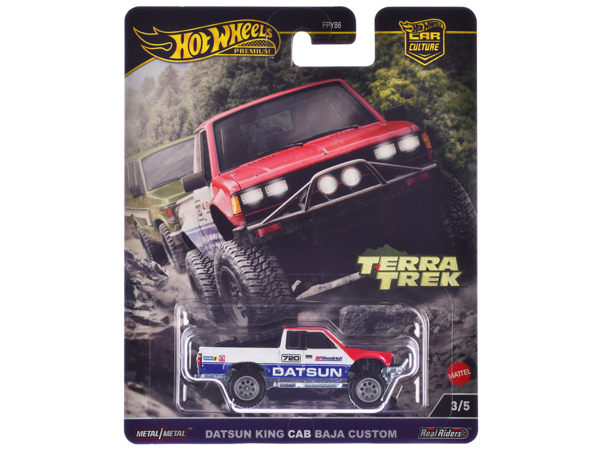 Datsun King Cab Baja Custom Pickup Truck #720 White and Blue with Red Hood "Terra Trek" Series Diecast Model Car by Hot Wheels Hotwheels