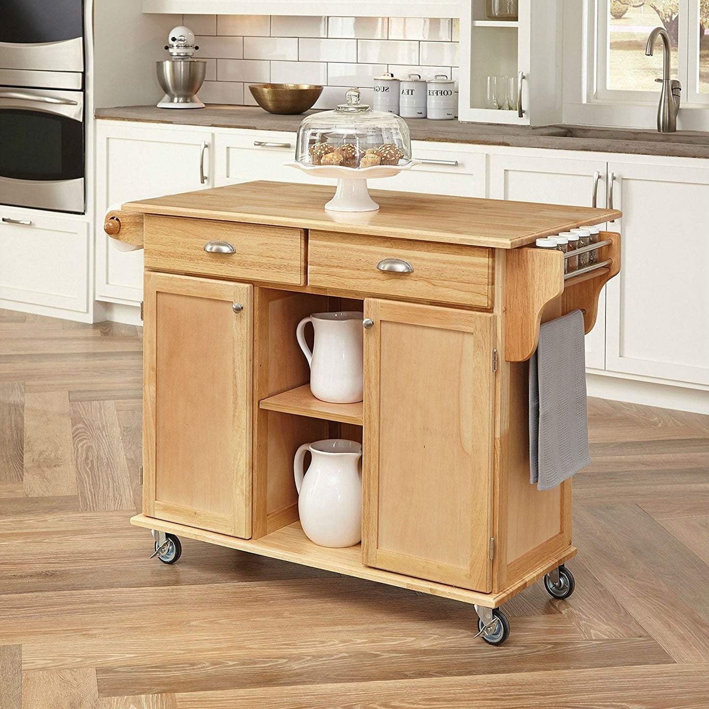 Natural Wood Finish Kitchen Island Cart with Locking Casters FastFurnishings