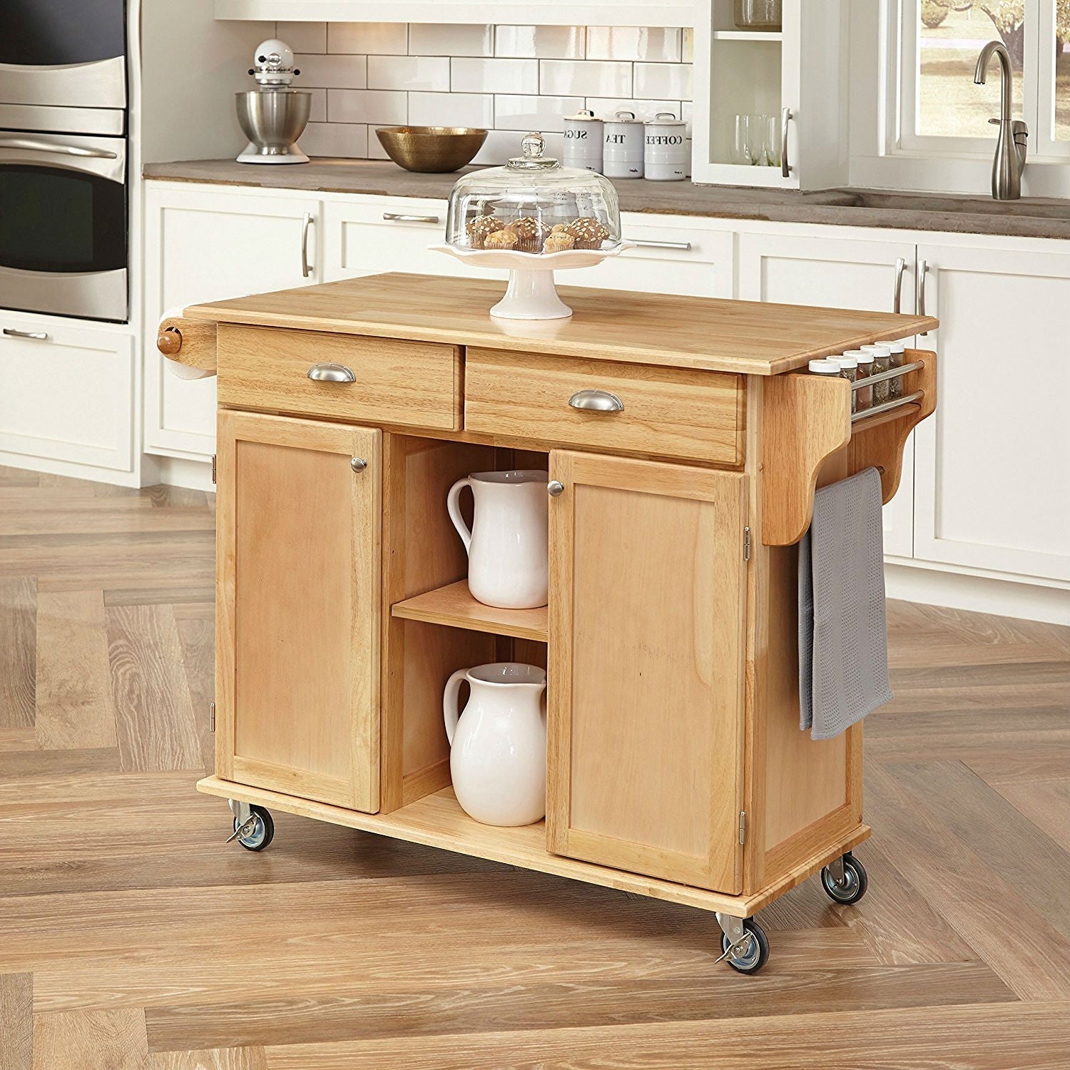 Natural Wood Finish Kitchen Island Cart with Locking Casters FastFurnishings