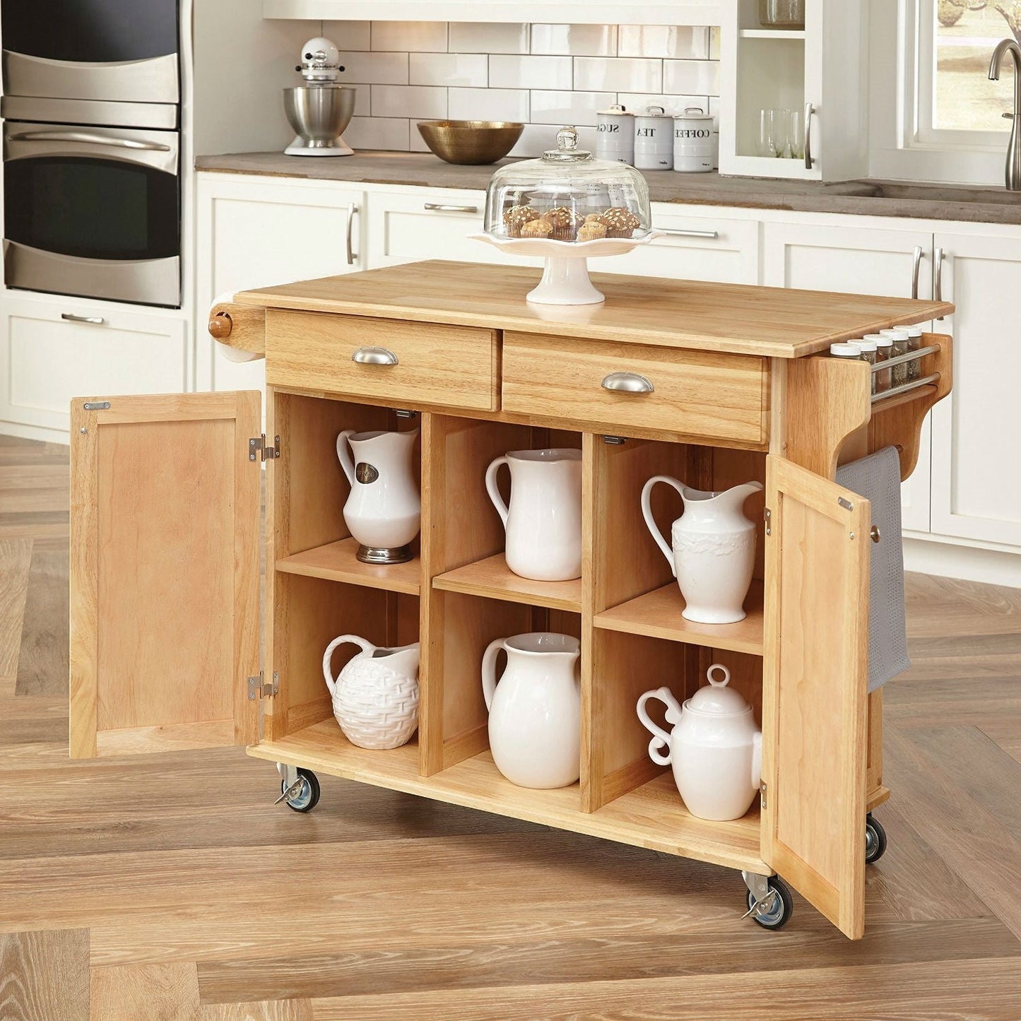 Natural Wood Finish Kitchen Island Cart with Locking Casters FastFurnishings