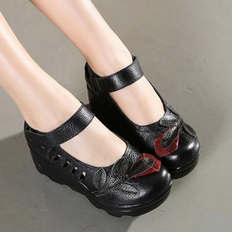Handmade 2026 Spring Autumn Ethnic Comfortable Women Wedges Genuine Leather Women's Shoes round toe Platform high heels pumps Pi-Mart