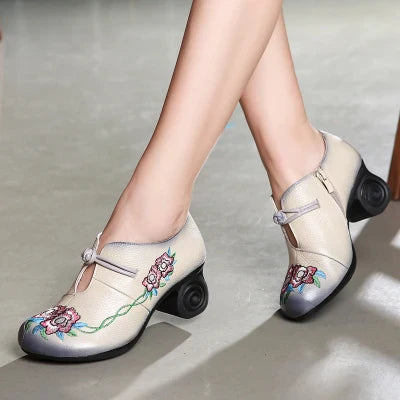 GKTINOO Women Embroidery Pumps Grey Lady 6CM High Heels Shoes Handmade Women Genuine Leather Pumps Autumn Shoes Pi-Mart