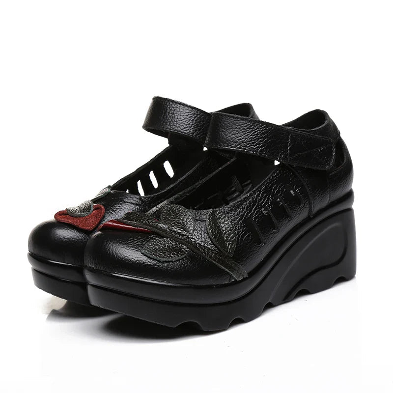 Handmade 2026 Spring Autumn Ethnic Comfortable Women Wedges Genuine Leather Women's Shoes round toe Platform high heels pumps Pi-Mart