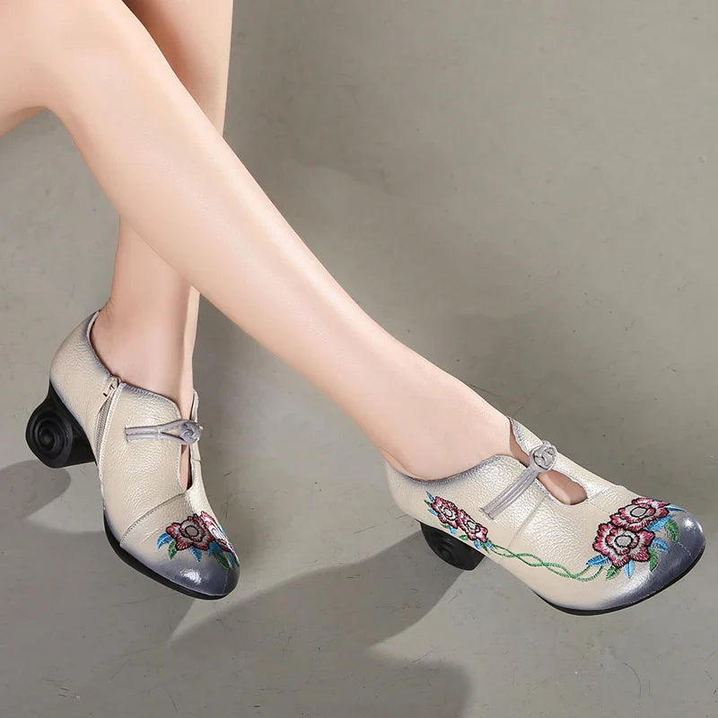 GKTINOO Women Embroidery Pumps Grey Lady 6CM High Heels Shoes Handmade Women Genuine Leather Pumps Autumn Shoes Pi-Mart