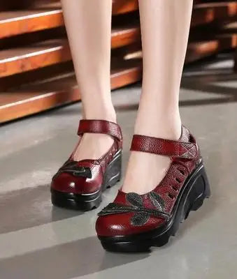 Handmade 2026 Spring Autumn Ethnic Comfortable Women Wedges Genuine Leather Women's Shoes round toe Platform high heels pumps Pi-Mart