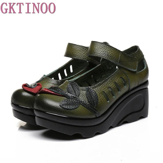 Handmade 2026 Spring Autumn Ethnic Comfortable Women Wedges Genuine Leather Women's Shoes round toe Platform high heels pumps Pi-Mart