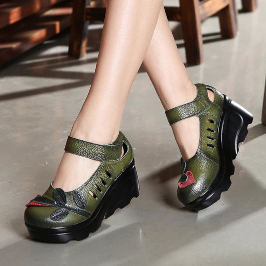 Handmade 2026 Spring Autumn Ethnic Comfortable Women Wedges Genuine Leather Women's Shoes round toe Platform high heels pumps Pi-Mart