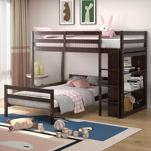 Twin Over Twin Loft Bunk Bed with Bookcase-Dark Brown W2B
