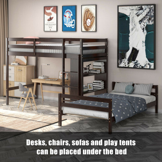 Twin Over Twin Loft Bunk Bed with Bookcase-Dark Brown W2B