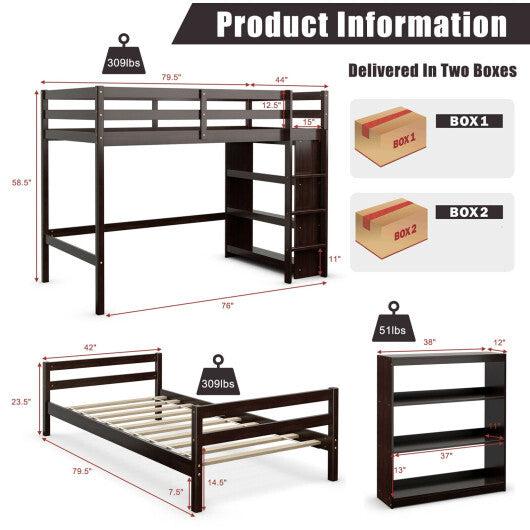 Twin Over Twin Loft Bunk Bed with Bookcase-Dark Brown W2B
