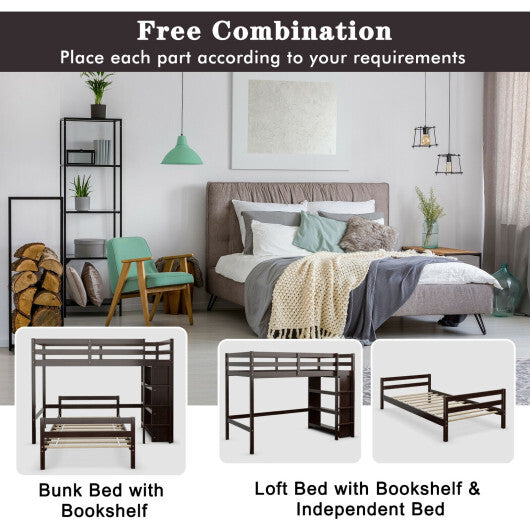 Twin Over Twin Loft Bunk Bed with Bookcase-Dark Brown W2B
