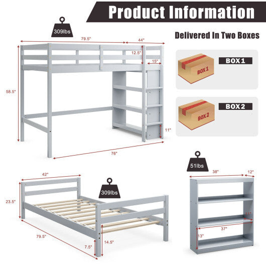 Twin Over Twin Loft Bunk Bed with Bookcase-Dark Brown W2B
