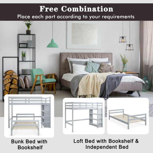 Twin Over Twin Loft Bunk Bed with Bookcase-Dark Brown W2B