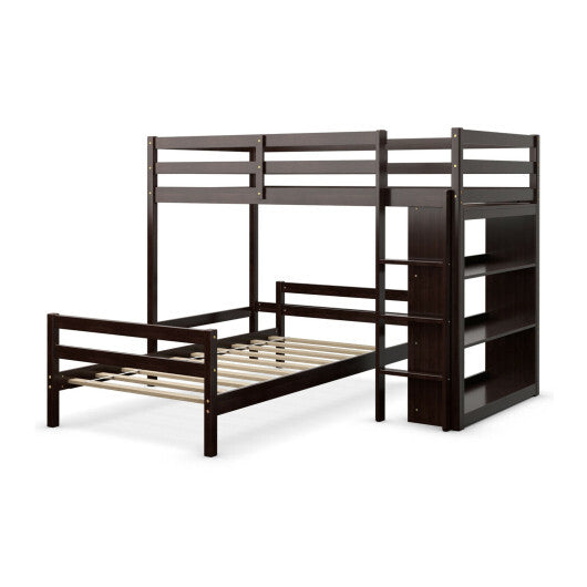 Twin Over Twin Loft Bunk Bed with Bookcase-Dark Brown W2B