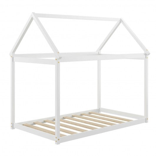 Stable Kids Platform Floor Bed with Roof and Heavy-Duty Slats-Gray W2B