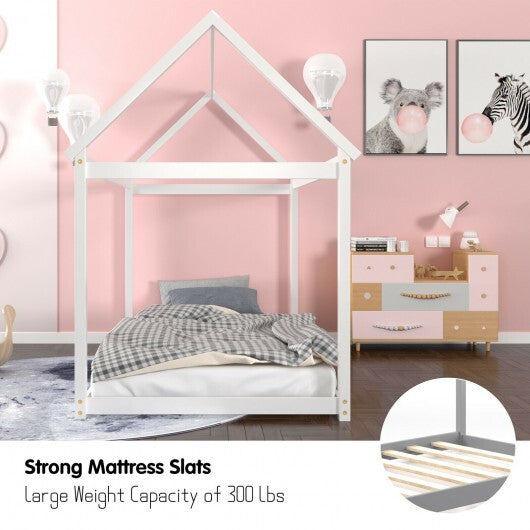 Stable Kids Platform Floor Bed with Roof and Heavy-Duty Slats-Gray W2B