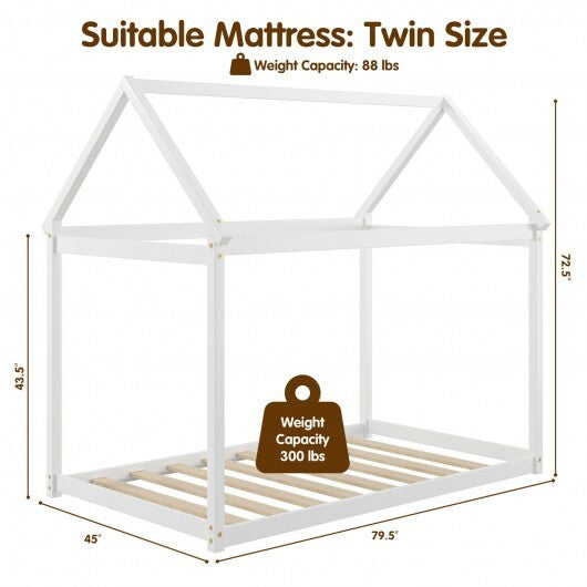 Stable Kids Platform Floor Bed with Roof and Heavy-Duty Slats-Gray W2B