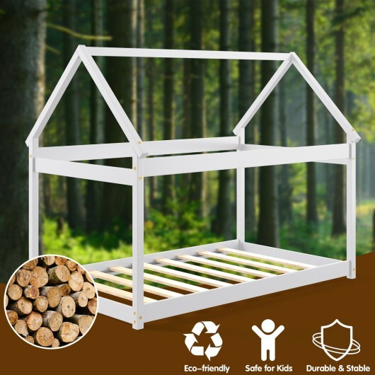 Stable Kids Platform Floor Bed with Roof and Heavy-Duty Slats-Gray W2B