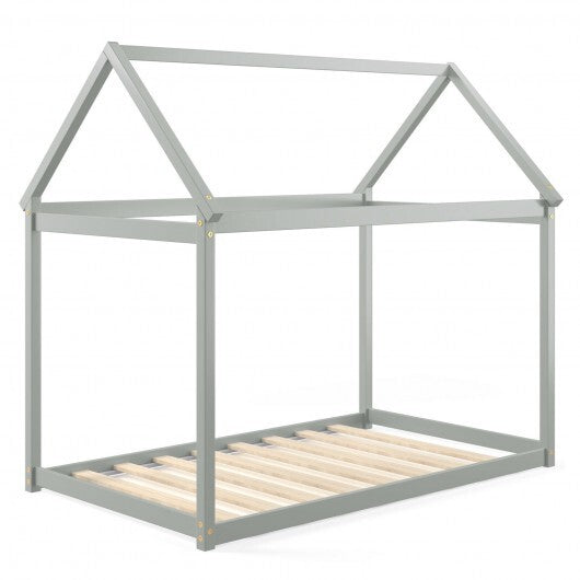 Stable Kids Platform Floor Bed with Roof and Heavy-Duty Slats-Gray W2B