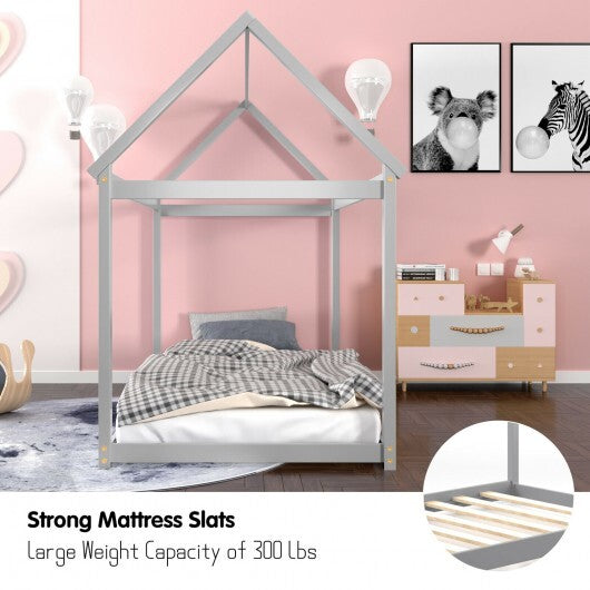 Stable Kids Platform Floor Bed with Roof and Heavy-Duty Slats-Gray W2B